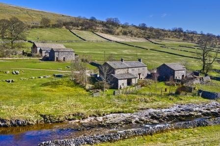 Stone farmhouses beside a stream in a Yorkshire Dales valley