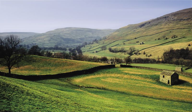 A Dales valley with dry-stone walls, meadows and a field barn