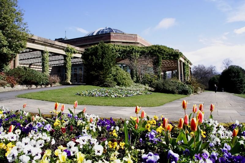Spring flowers in front of the Sun Pavilion in Valley Gardens, Harrogate