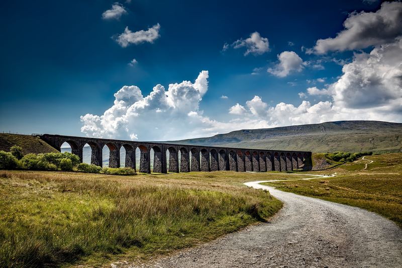 Ribblehead Viaduct in the Yorkshire Dales, with a track leading towards it