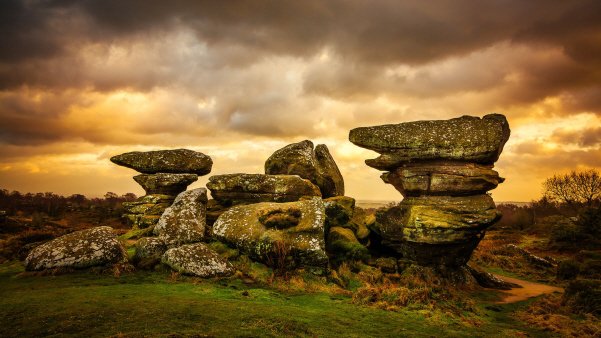 Brimham Rocks in Nidderdale, near Harrogate, under an evening sky